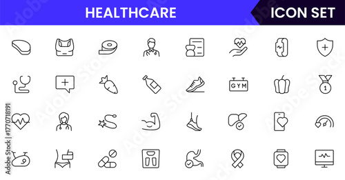 Healthcare vector web line icon collection, sleek illustrations of wearables, heart monitors, fitness apps for wellness-focused designs.