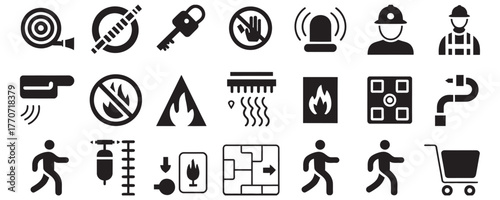 Comprehensive fire safety icon collection for emergency response planning and building safety compliance featuring hose, alarm, and fire extinguisher symbols