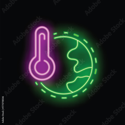 Neon sign of a thermometer indicating rising temperatures on earth, symbolizing global warming