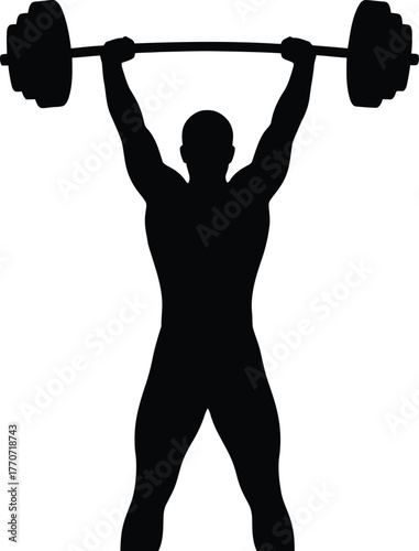 Silhouette of a muscular man lifting a heavy barbell overhead, isolated on white background.