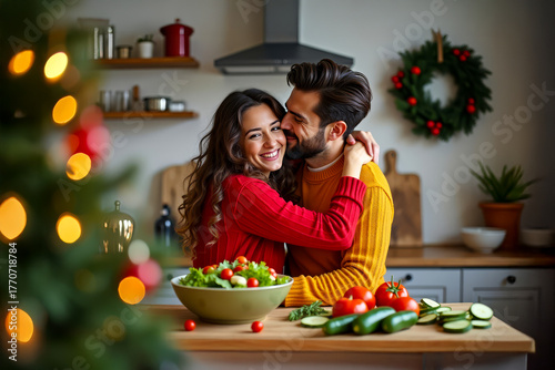 Young couple smiling and preparing festive meal together. Holiday kitchen decorated with Christmas tree and warm lights.