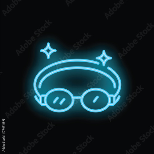 Blue neon icon of swimming goggles glowing on black brick wall