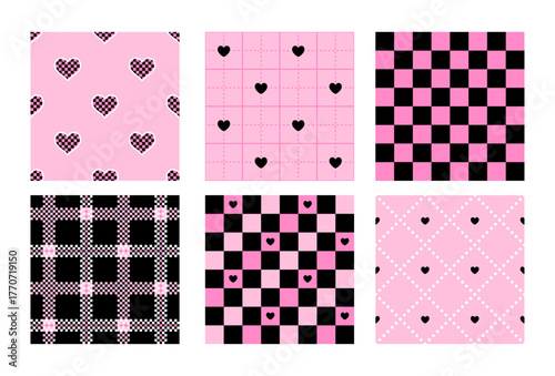 Set of cute seamless patterns with hearts. Vector background. Texture for print, textile, fabric.