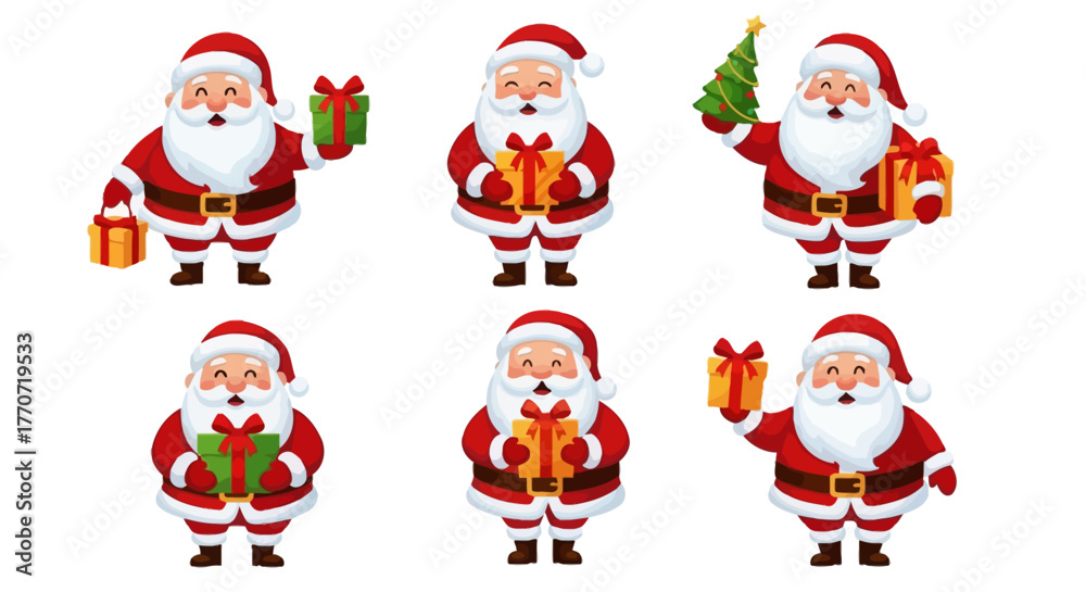 Fototapeta premium Santa Squad Cartoon Christmas Icons with Gifts & Tree Christmas design elements set, cute cartoon Santa Claus, people in carnival costumes at party, family decorating christmas tree at home