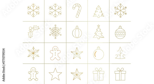 Golden Grid Minimalist Christmas Icons Layout Minimalist Christmas layout with bright white stars, ice blue snowflakes, and gold bells on a midnight blue background