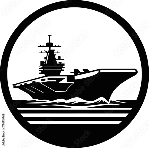 Aircraft Carrier Silhouette Logo in Circle Emblem