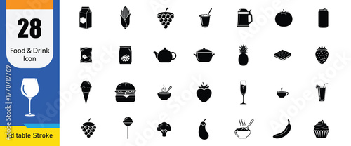 Collection of food and drink icons representing various refreshments and culinary items Hamburger, Pizza, Coffee Cup, Wine Glass, Apple, Ice Cream, Cheese, Fish, Carrot, Croissant vector illustration