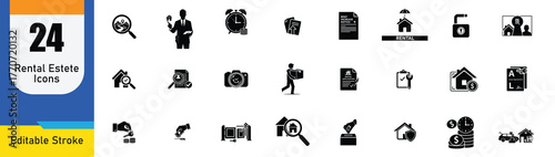Collection of silhouette rentalstete icons House, Key, Apartment Building, For Sale Sign, Contract, Moving Truck, Blueprint, Wallet, Growth Chart, Location Pin vector illustration