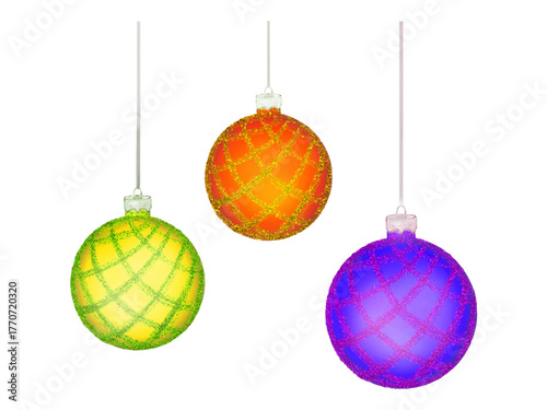 
An image of three glittering Christmas ornaments hanging down. The ornaments are in vibrant colors: lime green, orange, and purple, each featuring a criss-cross sparkling texture.
