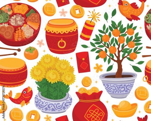 Seamless pattern with elements for Asian Lunar New Year. Bright holiday elements, traditional sweets, lucky money bag, gold coins, yellow flowers, drum, tangerine tree, festive decor.