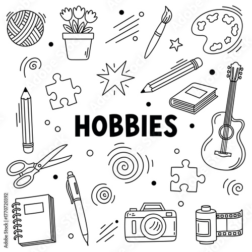 Creative hobby doodles: art supplies, music, puzzles, and more