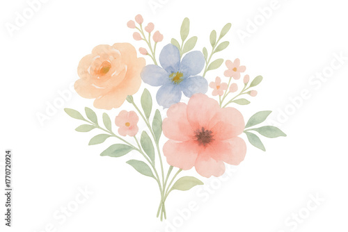 Wallpaper Mural Watercolor floral bouquet illustration with pastel pink, peach, and blue flowers, greenery, transparent background Torontodigital.ca