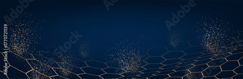 Music abstract background blue gold. Equalizer for music, showing sound waves with music waves. Vector illustration. hexagon mesh. Brown background 