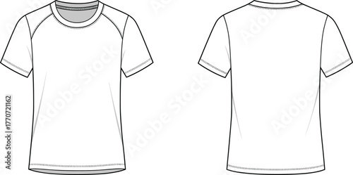 Raglan sleeve t-shirt design, short sleeve tee template, unisex casual fashion, modern apparel outline, CAD drawing flat vector illustration, clothing sketch