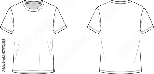 Classic t-shirt design, short sleeve tee template, casual wear fashion, basic apparel outline, CAD drawing flat vector illustration, clothing sketch