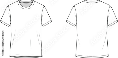 Basic t-shirt design, short sleeve tee template, unisex casual wear, clothing fashion outline, CAD drawing flat vector illustration, apparel sketch