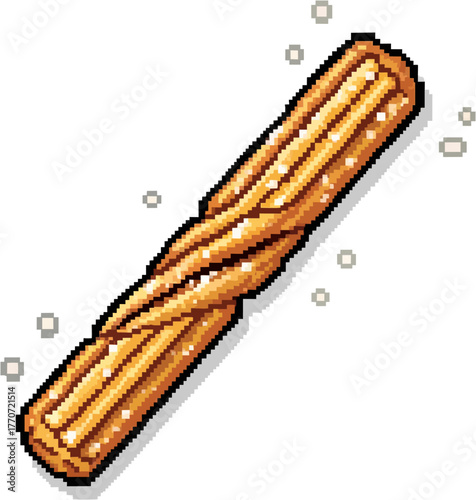 Pixelated churro stick covered with sugar, displayed on a white background.