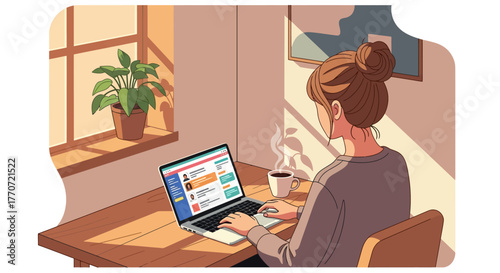 A focused young woman comfortably works from her home office, depicted in a warm and inviting Flat Design illustration. This modern vector visualizes the flexibility and comfort of remote work