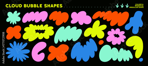 Retro colored blob cloud shape collection. Irregular groovy funky bubbles, cloudlike flat shapes. Abstract organic forms and figures, wavy liquid stickers. Colorful asymmetric blob icon set.