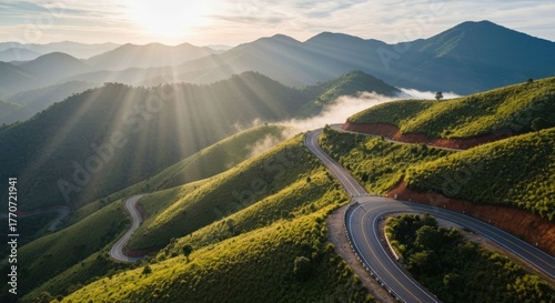 Sunlit road winds through lush green mountains, dappled with light
