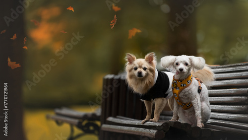 Photography Two little dogs sitting on bench in autumn park