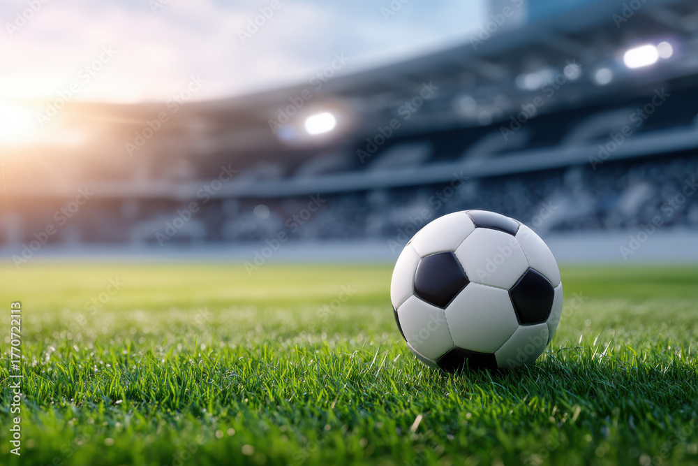 Fototapeta premium classic black and white soccer ball rests on a green field in a brightly lit stadium, capturing the calm before the excitement of a match under a setting sun