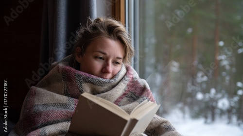 Cozy Nordic retreat, thoughtful Caucasian woman reading by snow-laden window, Hygge lifestyle, World Book Day reverie