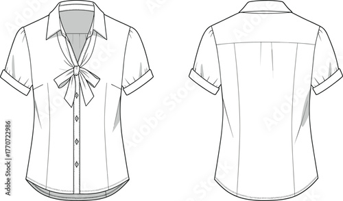 Women short sleeve blouse with bow tie front and button details, formal shirt design front and back, cad drawing flat vector illustration