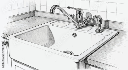 Detailed Kitchen Sink Sketch, Faucet and Drain, Interior Design