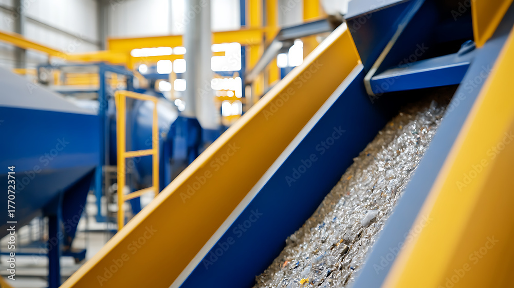 Naklejka premium Automated system on recycle center moving recyclable materials along a conveyor belt. Inside industrial setting showing machinery, and processes focused on resource recovery and sustainability.