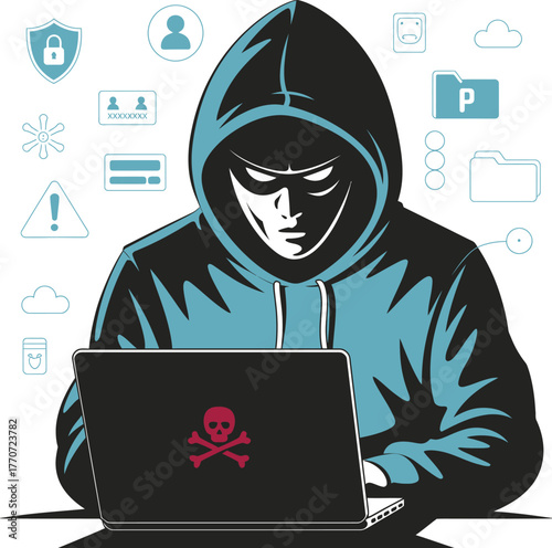 Hacker cyber criminal with laptop stealing user personal data vector illustration with glitch effect showing hacker attack and web security concept online data breach and cybersecurity threat