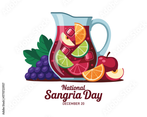 National Sangria Day vector. Sangria in a glass jug and with fruits vector. Traditional spanish drink sangria still life vector. Sangria Day Poster, December 20.