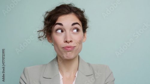 Confounded smile of perplexed Caucasian woman, embodying April Fool's mischief and World Laughter Day's comedic charm