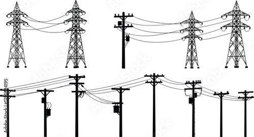 Electric power line poles and transmission towers silhouette, electricity infrastructure and energy distribution network, cad drawing flat vector illustration