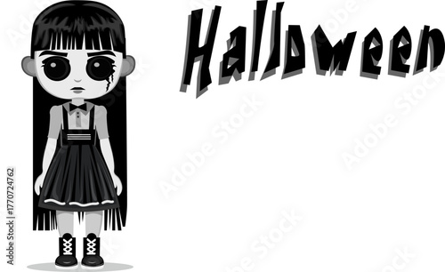 Monochrome, creepy gothic-style doll illustration positioned next to dynamic "Halloween" lettering, perfect for posters, banners, or holiday invitations.Emo, horror, mistery