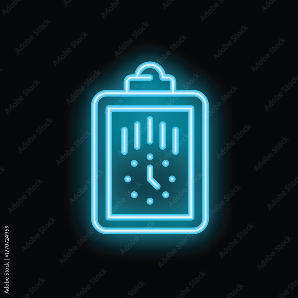 Naklejka premium Blue neon sign showing a clock inside a clipboard, representing the concept of time management