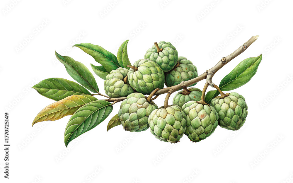 Obraz premium Sweet custard apples branch delicious tropical fruit healthy exotic produce vibrant green leaves natural