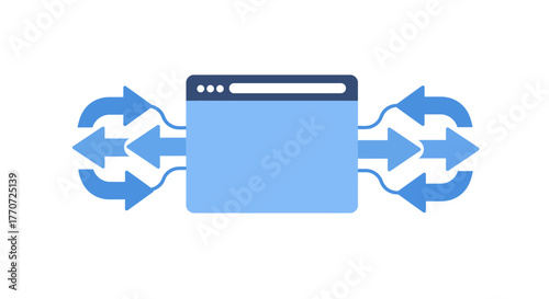 A blue browser window with arrows pointing in and out, representing data flow.