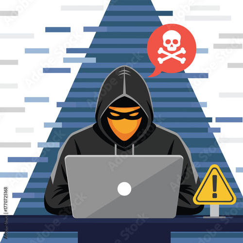 Hacker wearing black hood using laptop for cyber attack stealing sensitive user data depicting internet phishing concept web security threat and programming code visualization