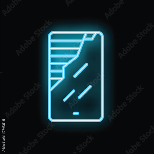 Blue glowing neon sign representing a broken mobile phone screen on a black background