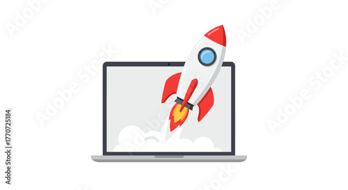 Illustration of a laptop with a rocket launching from the screen, symbolizing startup or growth.