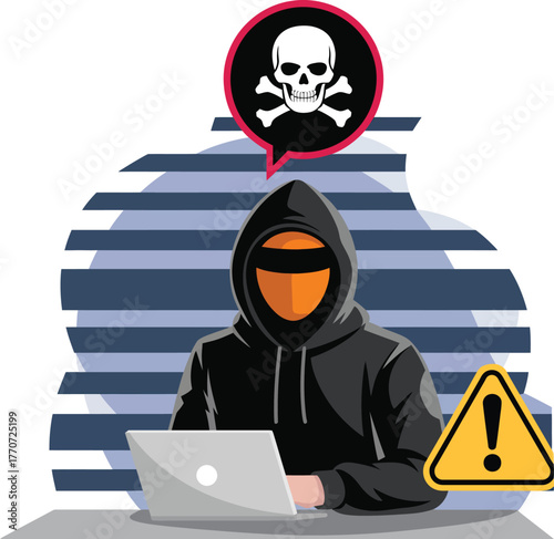Hacker wearing black hood using laptop for cyber attack stealing sensitive user data depicting internet phishing concept web security threat and programming code visualization