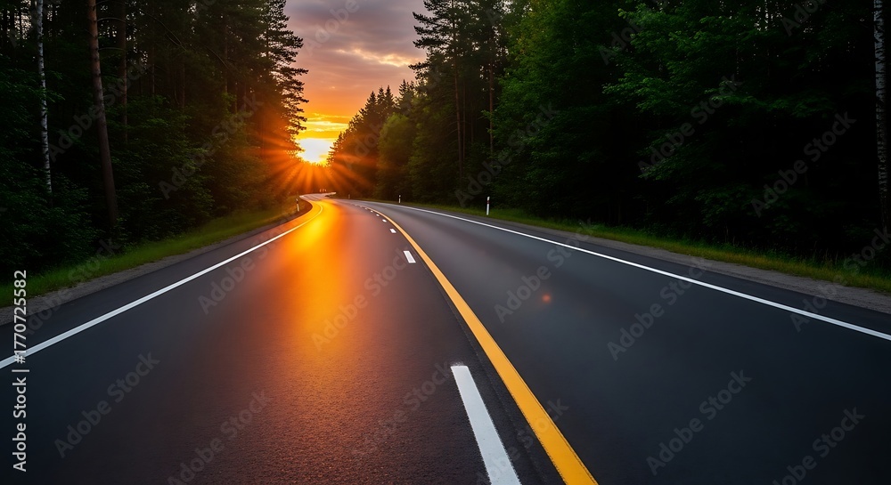 Obraz premium Scenic view of an asphalt road leading towards the horizon at sunset, with sun rays piercing through the trees, creating a sense of adventure and travel