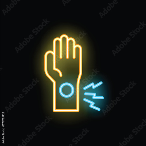 Neon sign representing wrist pain with blue and yellow colors