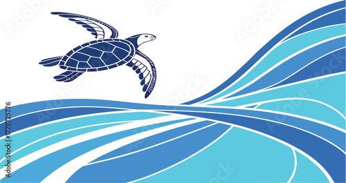 Oceanic emblem: A striking blue emblem of a sea turtle soaring over stylized ocean waves, evoking a sense of marine life, ocean conservation, and artistic marine design.