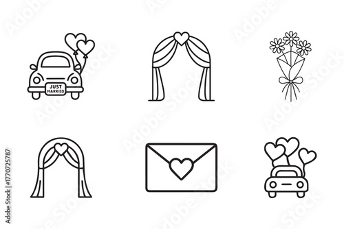 Wedding and Love Icon Set, Line Art Symbols for Romance, Marriage, Celebration, Invitation, Decoration, Gift, and Valentine’s Day Design.