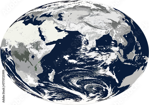 Global Perspective: Satellite imagery showcases Earth's intricate tapestry of continents and oceans, rendered in a striking graphic style. A reminder of our interconnected world, its beauty.