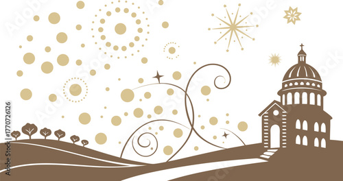 Golden Hues of Heritage: A serene illustration presents a classical building silhouette, accented by abstract patterns, evoking a sense of historical grandeur.