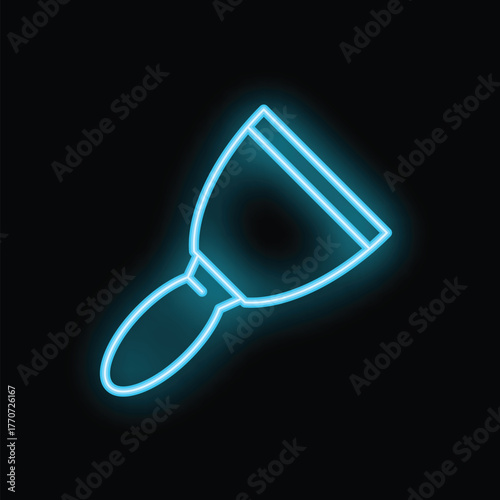 Blue neon icon of a spatula glowing against a black background