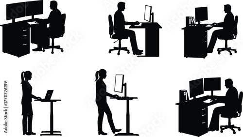 Business people working at office desks, computer workstation silhouettes, professional workspace concept, corporate job environment, cad drawing flat vector illustration